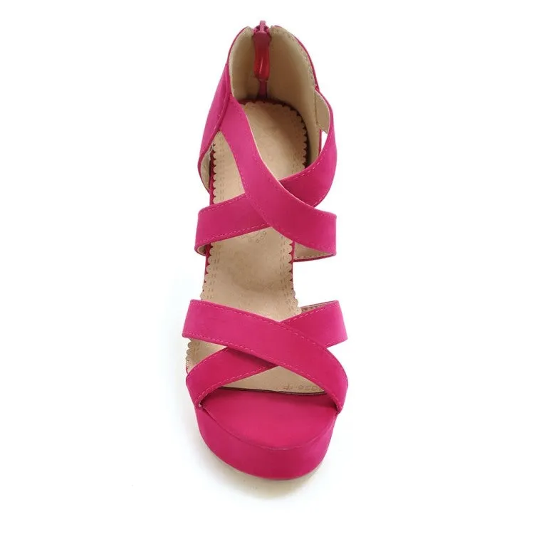 Women's Solid Color Cross Strap Ankle Wrap High Heel Platform Sandals