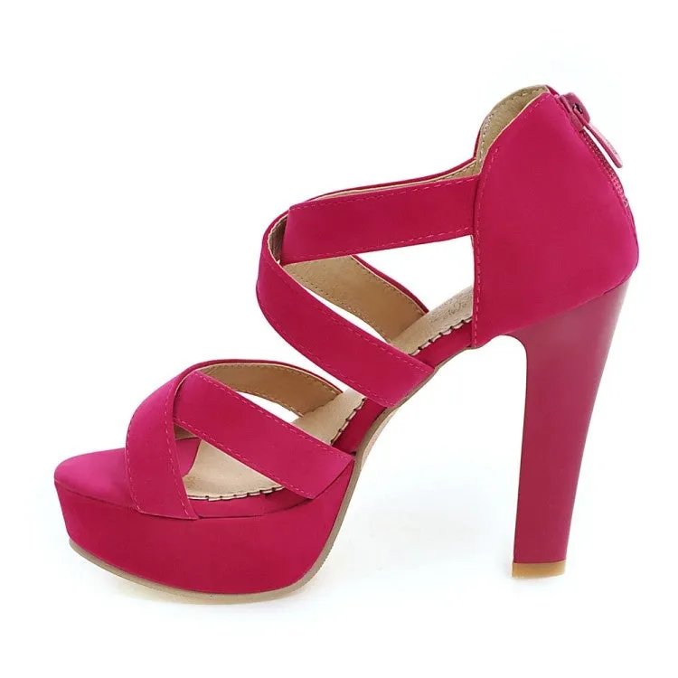 Women's Solid Color Cross Strap Ankle Wrap High Heel Platform Sandals