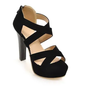 Women's Solid Color Cross Strap Ankle Wrap High Heel Platform Sandals