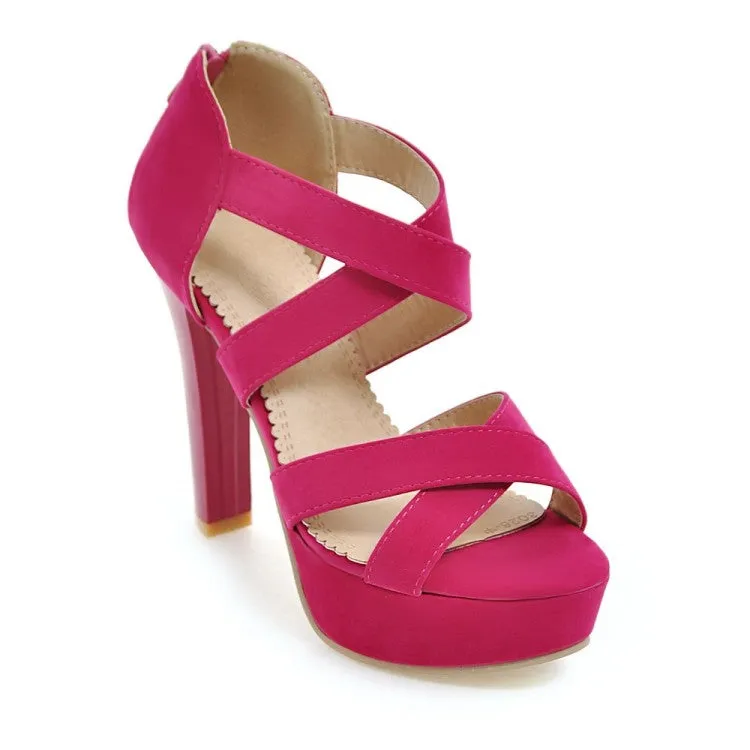 Women's Solid Color Cross Strap Ankle Wrap High Heel Platform Sandals