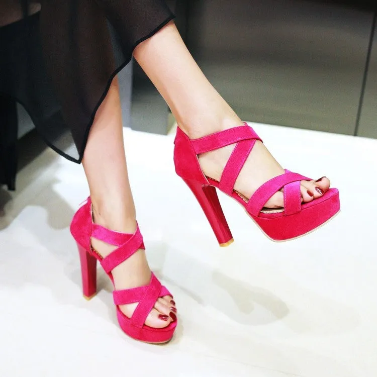 Women's Solid Color Cross Strap Ankle Wrap High Heel Platform Sandals