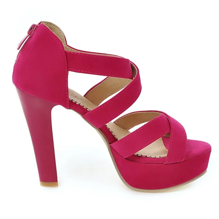 Women's Solid Color Cross Strap Ankle Wrap High Heel Platform Sandals