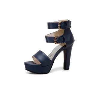 Women's Solid Color Double Ankle Strap Platform Chunky Heel Sandals
