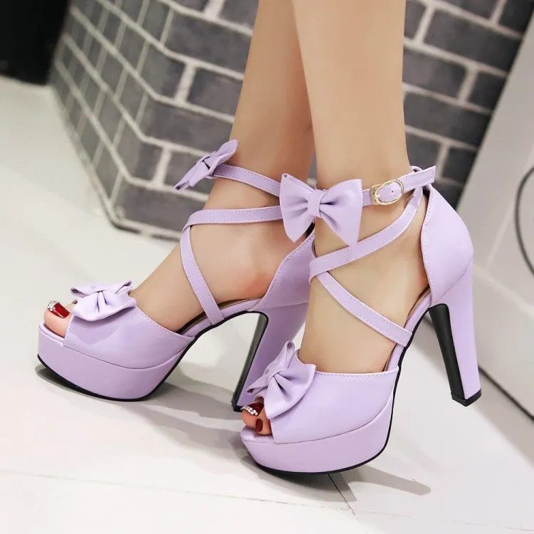 Women's Solid Color Peep Toe Butterfly Knot Cross Ankle Strap High Heel Platform Sandals