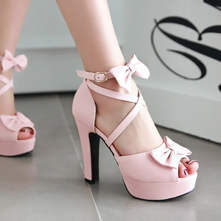 Women's Solid Color Peep Toe Butterfly Knot Cross Ankle Strap High Heel Platform Sandals