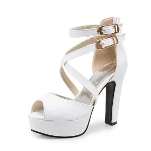 Women's Solid Color Peep Toe Hollow Out Cross Ankle Strap Chunky Heel Platform Sandals