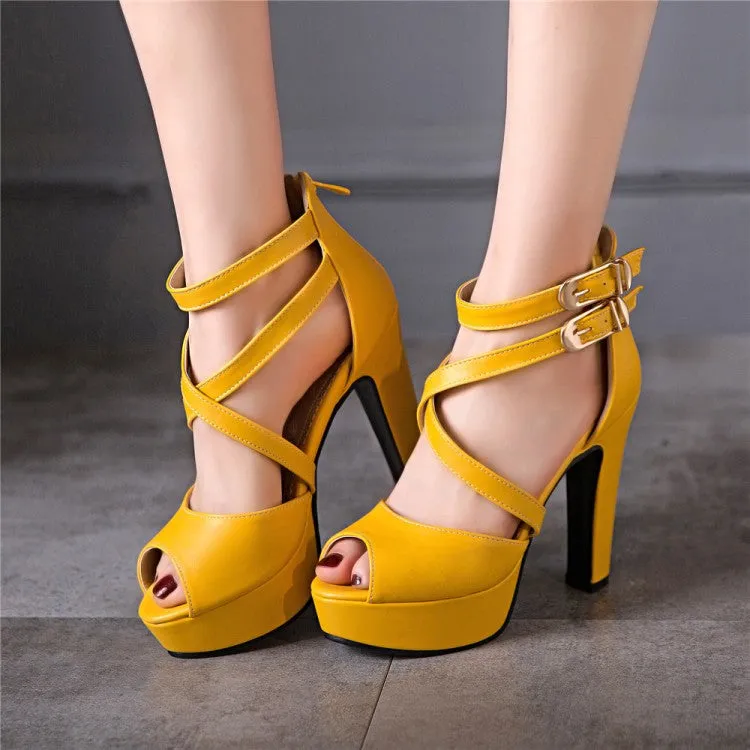 Women's Solid Color Peep Toe Hollow Out Cross Ankle Strap Chunky Heel Platform Sandals