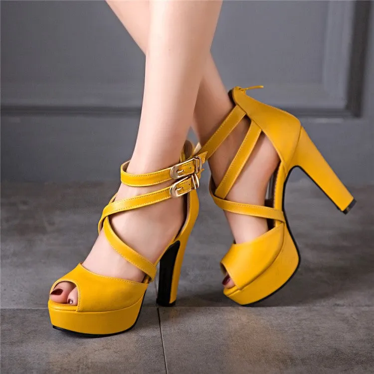 Women's Solid Color Peep Toe Hollow Out Cross Ankle Strap Chunky Heel Platform Sandals