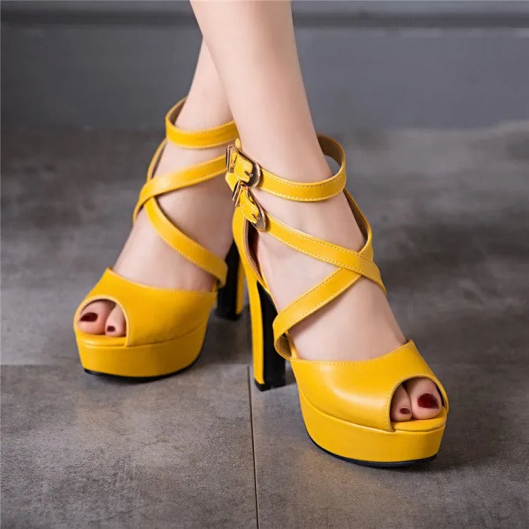 Women's Solid Color Peep Toe Hollow Out Cross Ankle Strap Chunky Heel Platform Sandals