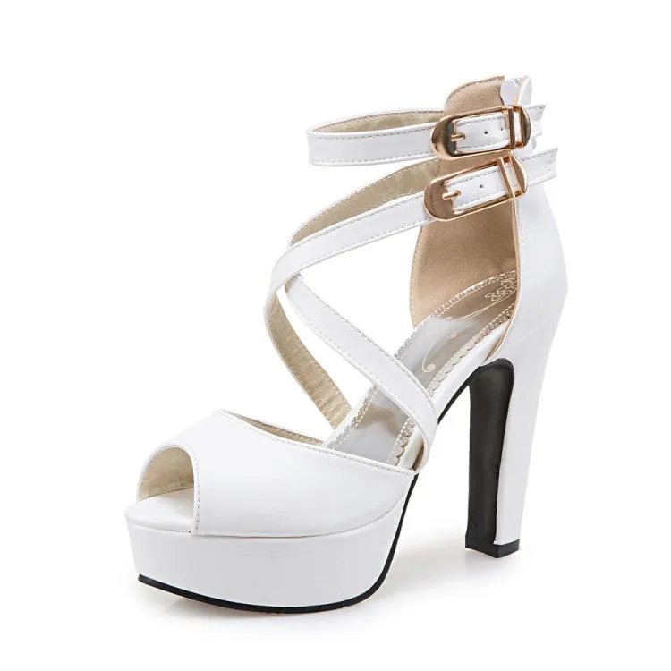 Women's Solid Color Peep Toe Hollow Out Cross Ankle Strap Chunky Heel Platform Sandals