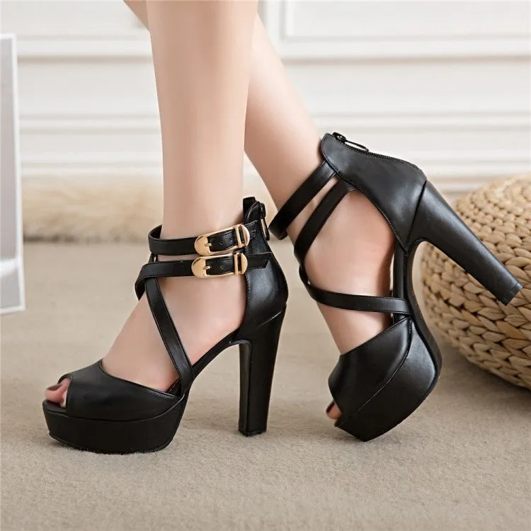 Women's Solid Color Peep Toe Hollow Out Cross Ankle Strap Chunky Heel Platform Sandals