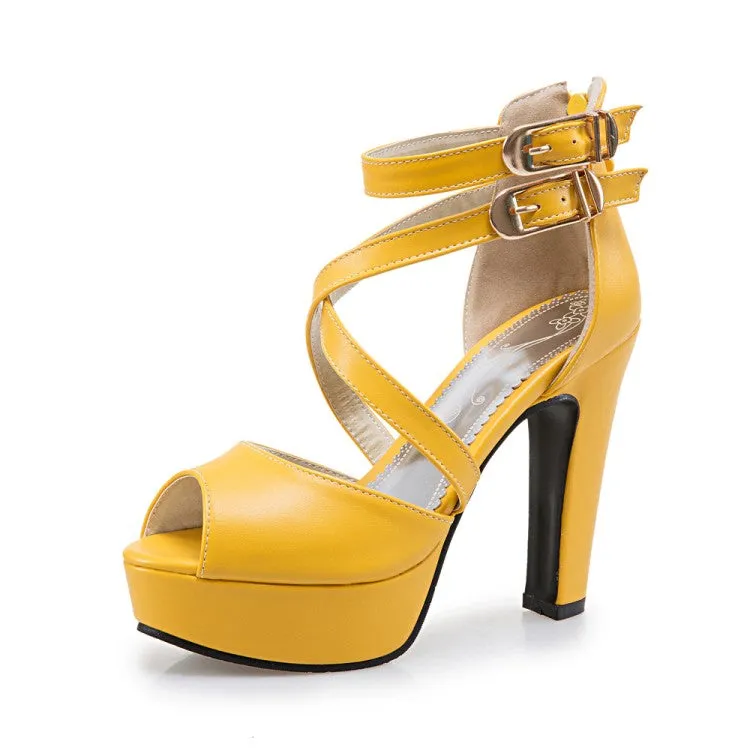 Women's Solid Color Peep Toe Hollow Out Cross Ankle Strap Chunky Heel Platform Sandals