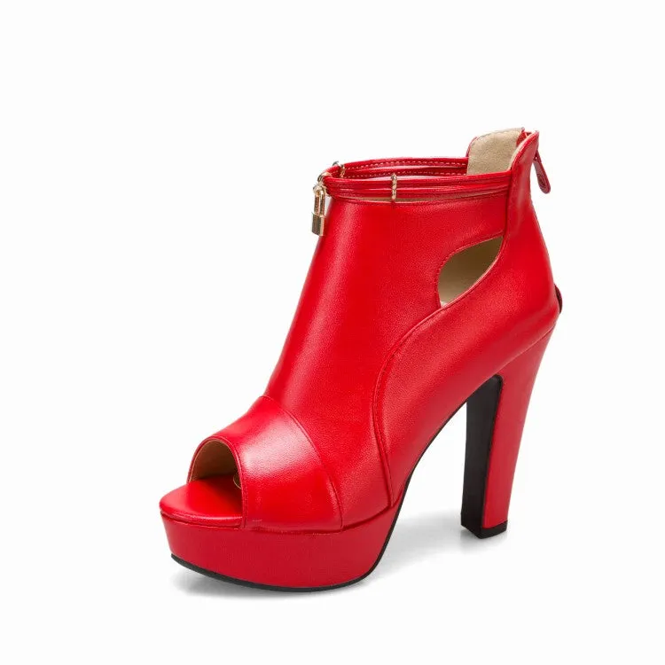 Women's Solid Color Peep Toe Hollow Out Platform Chunky Heel Sandals