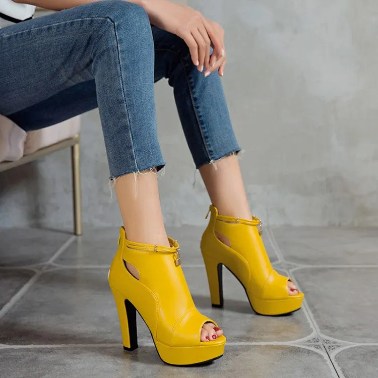 Women's Solid Color Peep Toe Hollow Out Platform Chunky Heel Sandals