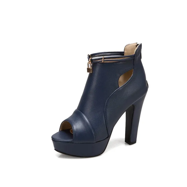 Women's Solid Color Peep Toe Hollow Out Platform Chunky Heel Sandals