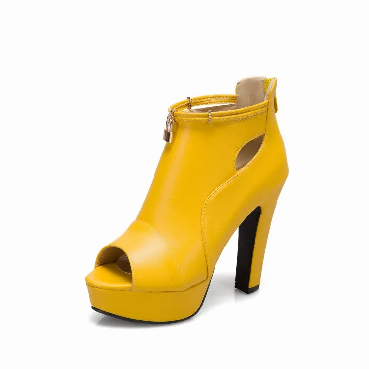 Women's Solid Color Peep Toe Hollow Out Platform Chunky Heel Sandals