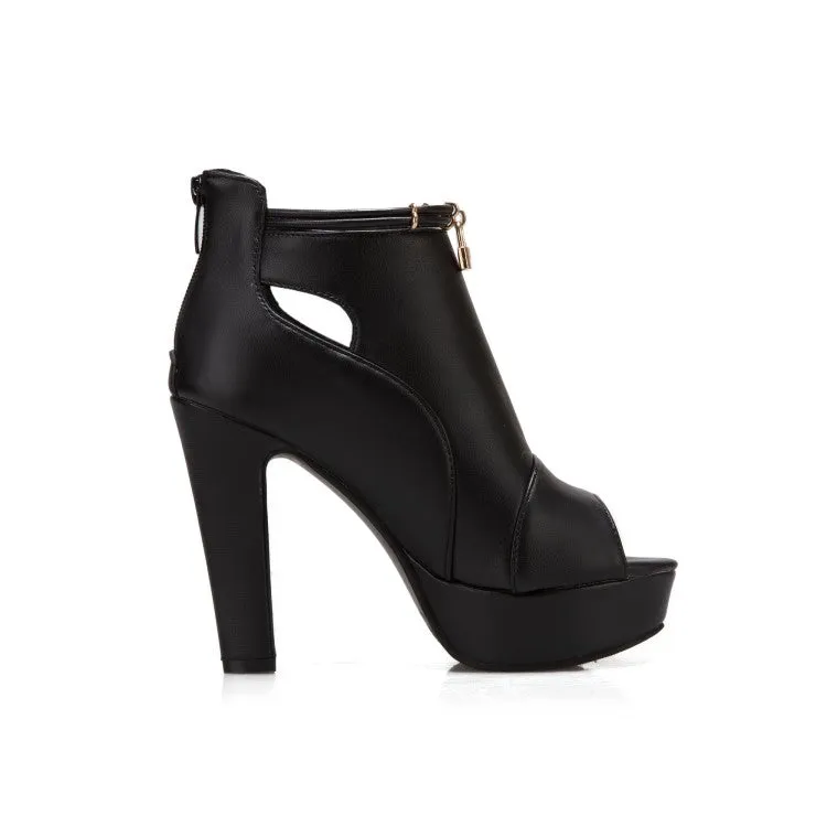 Women's Solid Color Peep Toe Hollow Out Platform Chunky Heel Sandals