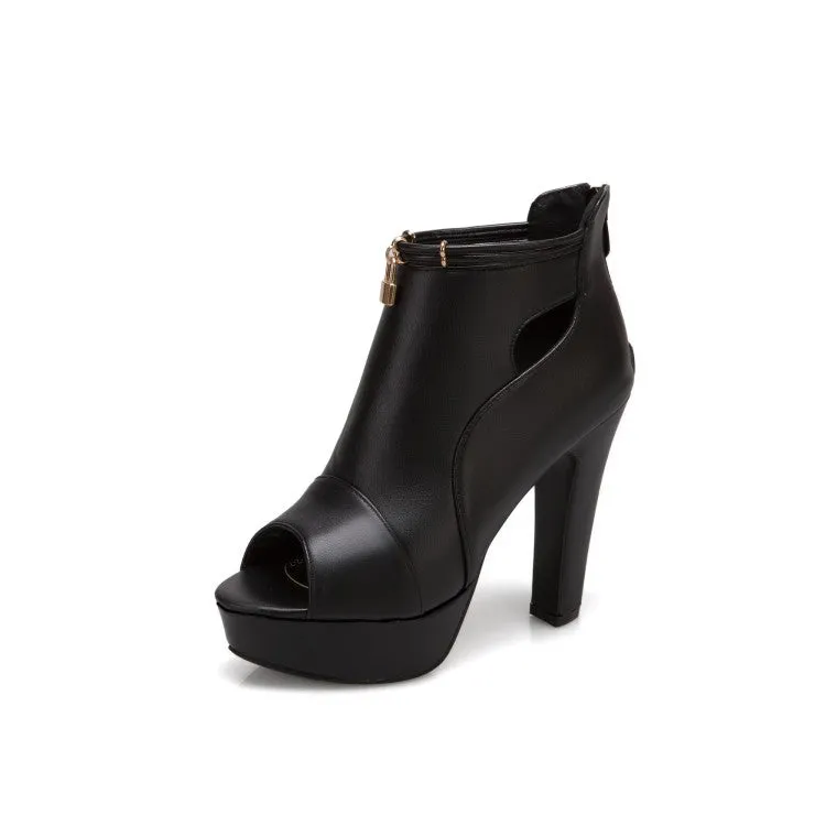 Women's Solid Color Peep Toe Hollow Out Platform Chunky Heel Sandals