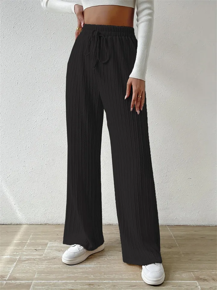 Women's Striped Texture Loose Drawstring Straight-Leg Pants