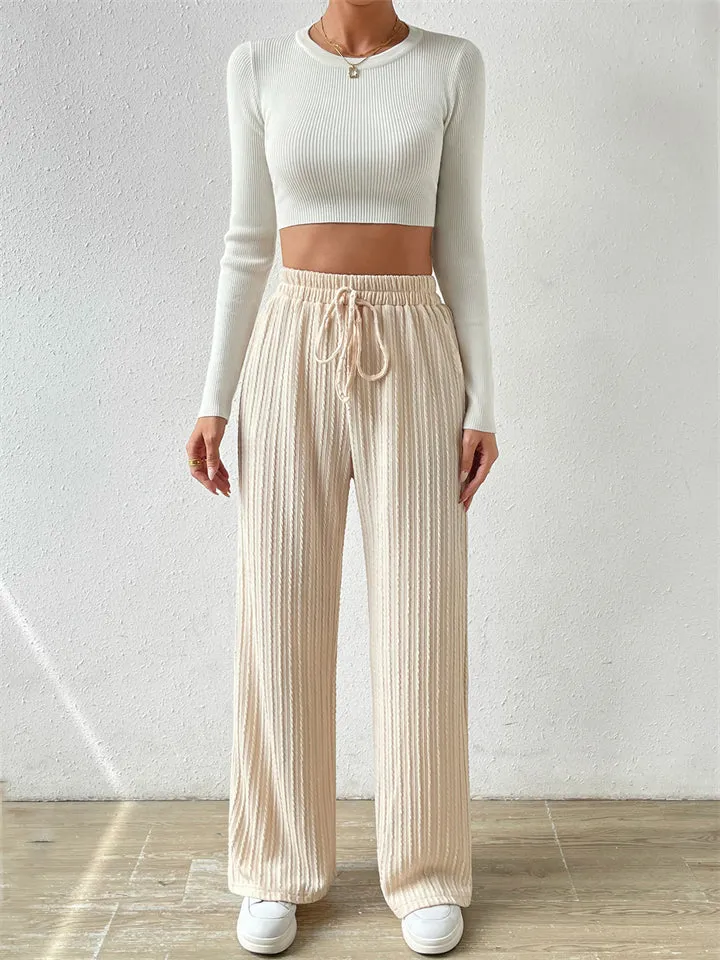 Women's Striped Texture Loose Drawstring Straight-Leg Pants