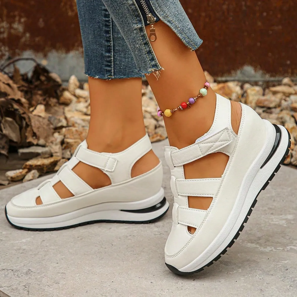 Women's Wedge Platform Waterproof Roman Sandals, New Fashion Closed Toe Hollow-Out Thick Sole Hook-And-Loop Summer Increased Internal Casual Sandals