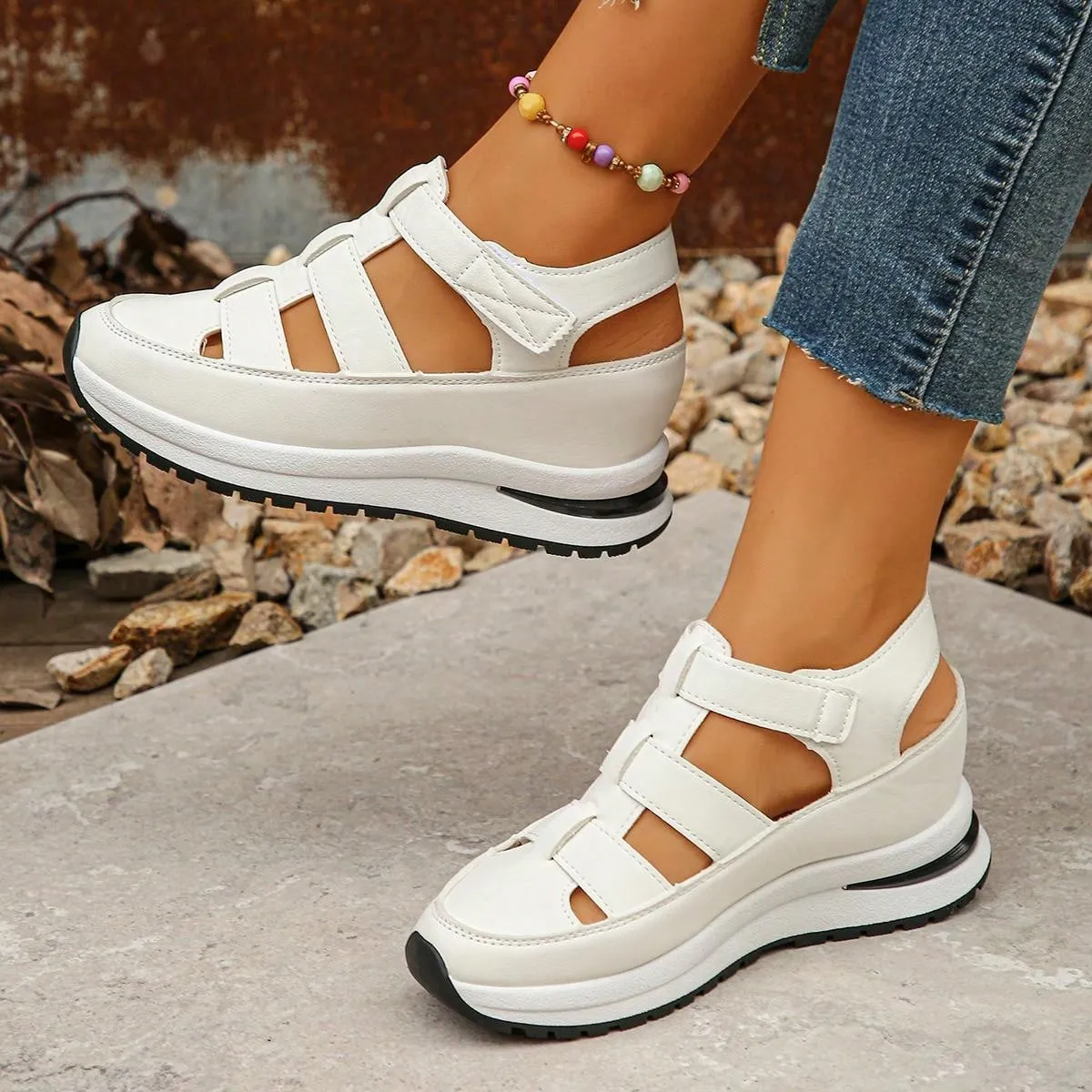 Women's Wedge Platform Waterproof Roman Sandals, New Fashion Closed Toe Hollow-Out Thick Sole Hook-And-Loop Summer Increased Internal Casual Sandals