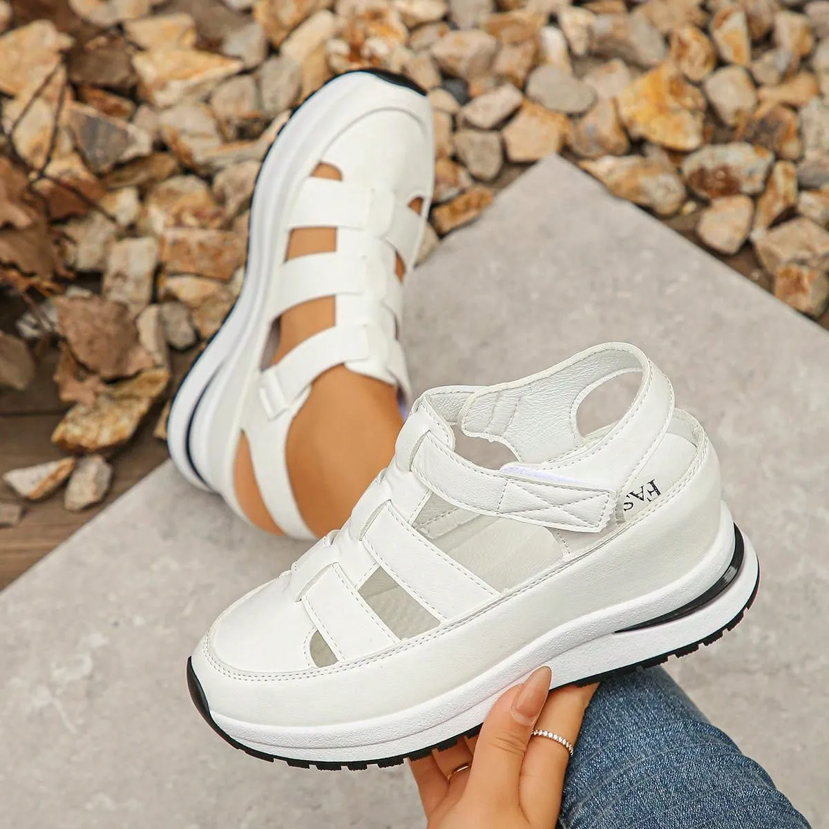 Women's Wedge Platform Waterproof Roman Sandals, New Fashion Closed Toe Hollow-Out Thick Sole Hook-And-Loop Summer Increased Internal Casual Sandals