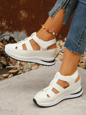 Women's Wedge Platform Waterproof Roman Sandals, New Fashion Closed Toe Hollow-Out Thick Sole Hook-And-Loop Summer Increased Internal Casual Sandals