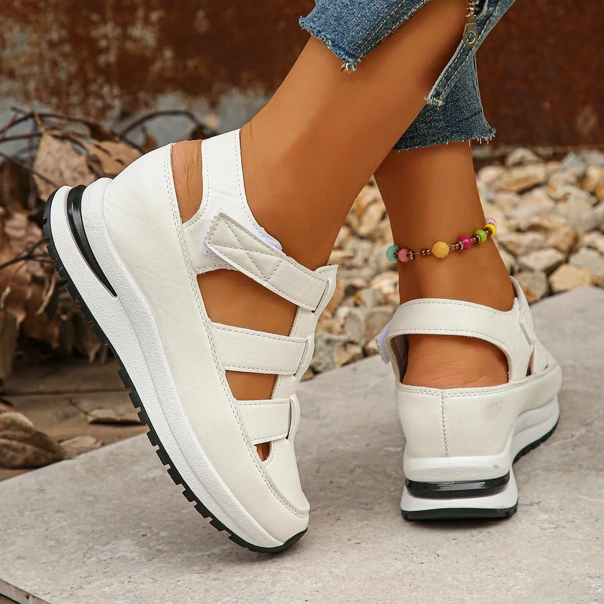 Women's Wedge Platform Waterproof Roman Sandals, New Fashion Closed Toe Hollow-Out Thick Sole Hook-And-Loop Summer Increased Internal Casual Sandals