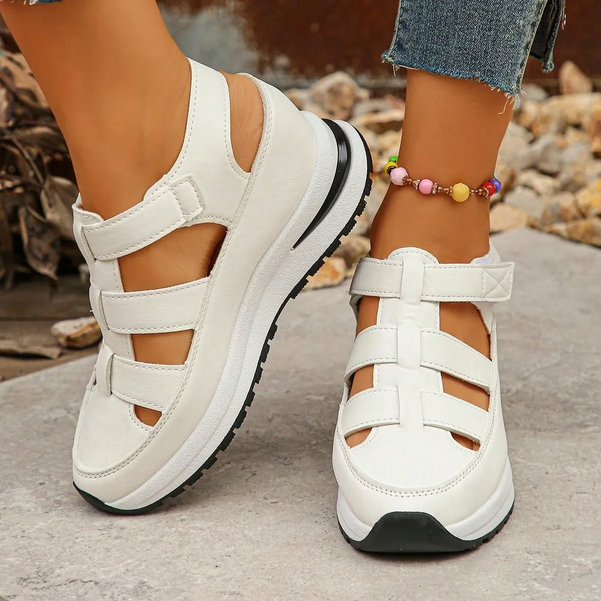 Women's Wedge Platform Waterproof Roman Sandals, New Fashion Closed Toe Hollow-Out Thick Sole Hook-And-Loop Summer Increased Internal Casual Sandals