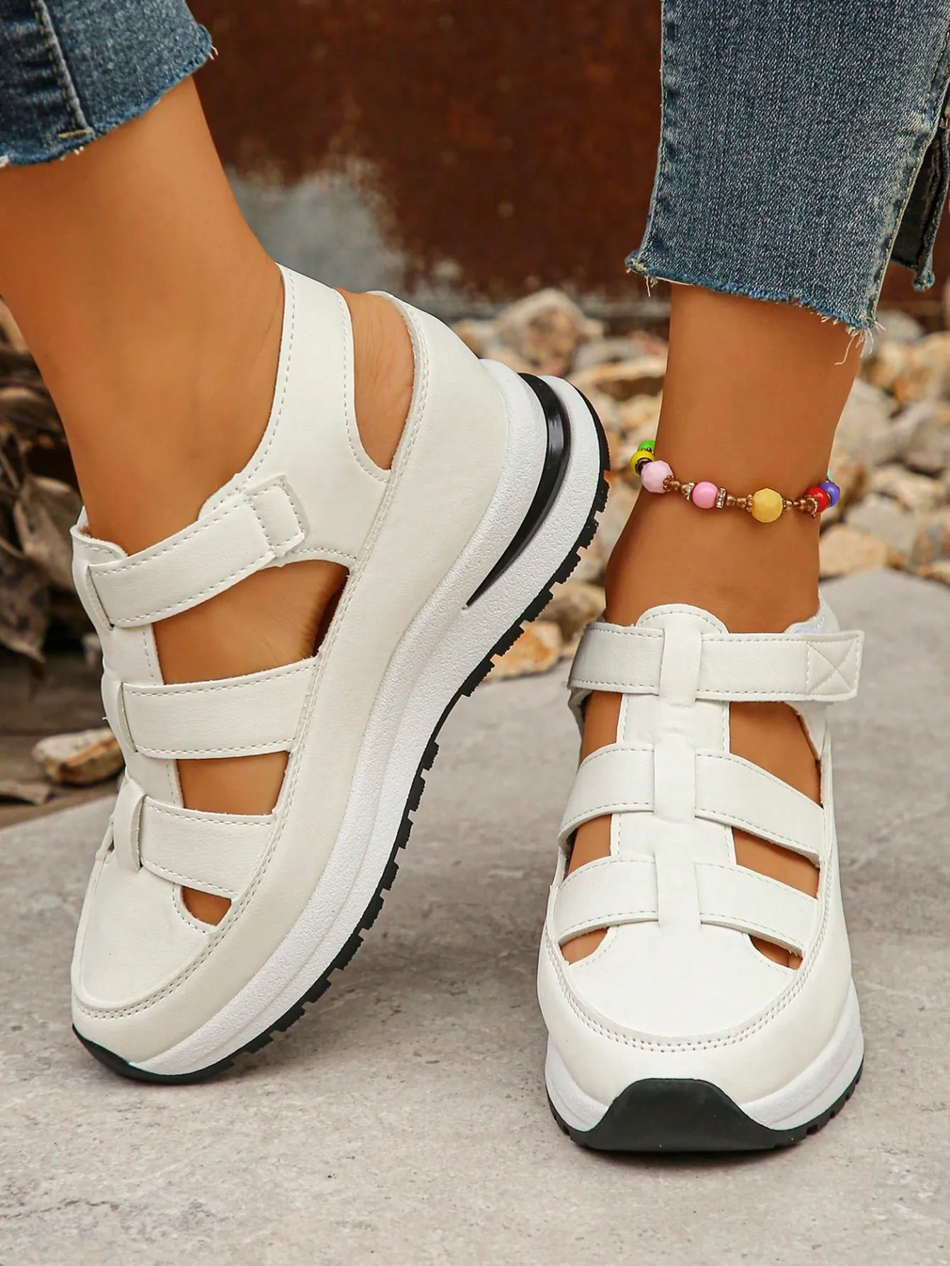Women's Wedge Platform Waterproof Roman Sandals, New Fashion Closed Toe Hollow-Out Thick Sole Hook-And-Loop Summer Increased Internal Casual Sandals