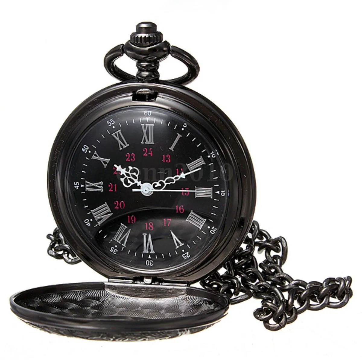 YCYS-Vintage Steampunk Black Roman Numerals Necklace Quartz Pendant Pocket Watch Gift