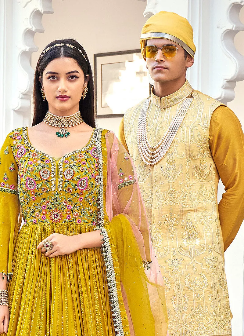 Yellow Multi Floral Embroidered Designer Anarkali Gown