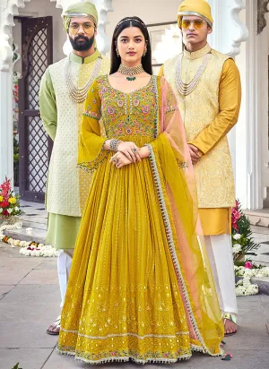 Yellow Multi Floral Embroidered Designer Anarkali Gown