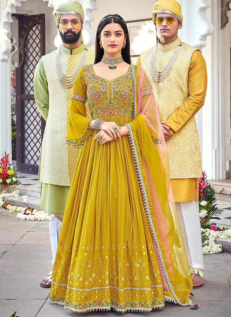 Yellow Multi Floral Embroidered Designer Anarkali Gown