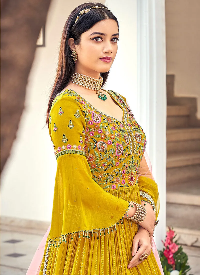 Yellow Multi Floral Embroidered Designer Anarkali Gown