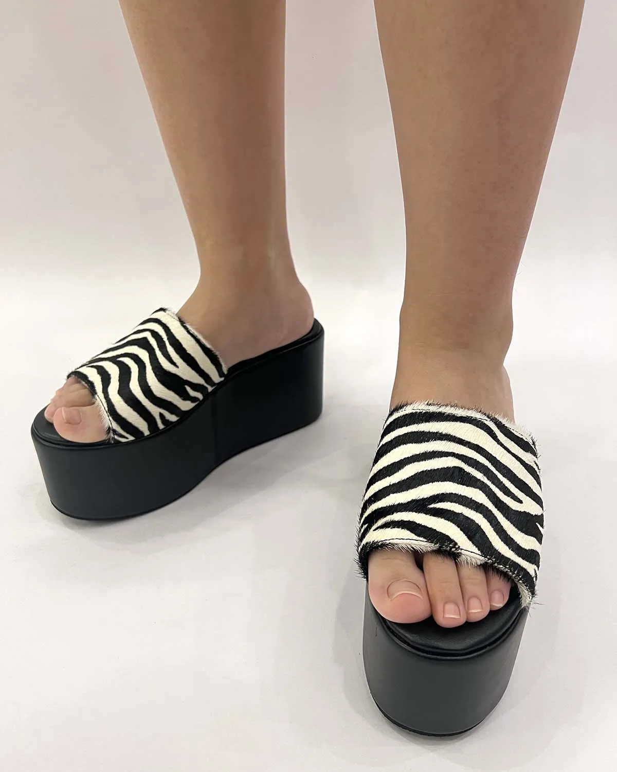 Zebra pony hair leather thick platform sandals for women